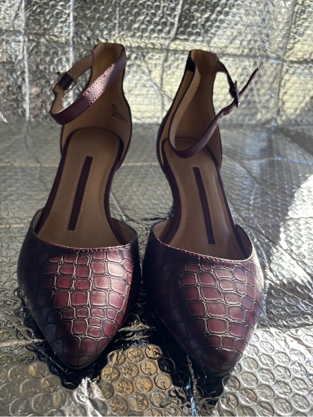 new directions Croc-Embossed Pointed Ankle-Strap Flats in Dark Burgundy - Picture 7 of 8